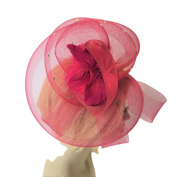 Red Fascinator with Soft Sinamay and Crinoline Layered Bows - Picture 5 of 16